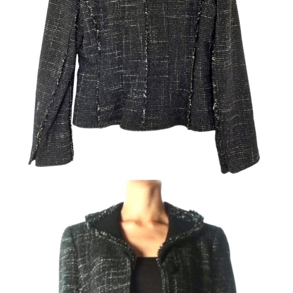 Ann Taylor Black Tweed Wool Blend Fringe Trim Cropped Blazer Jacket sz 4 - Picture 7 of 8